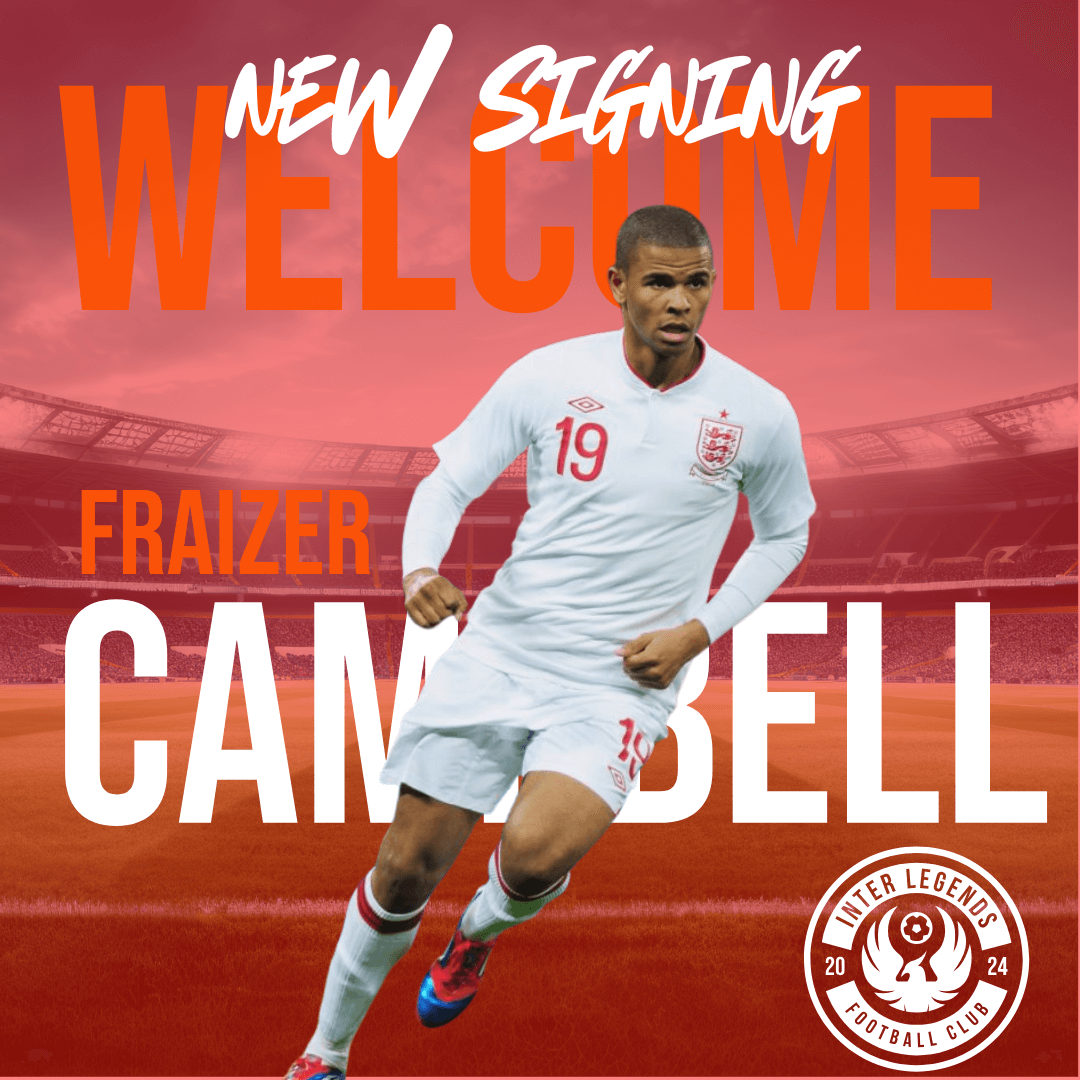 Fraizer Campbell announced as new signing for Inter Legends FC, showcased in an energetic football pose.